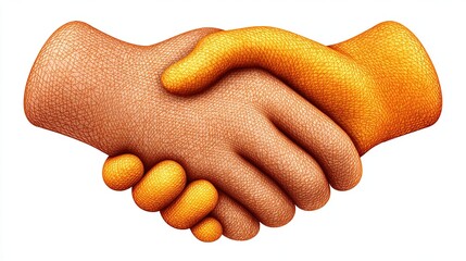 Two hands shaking, one a light brown, the other a golden-orange hue, in a business handshake gesture