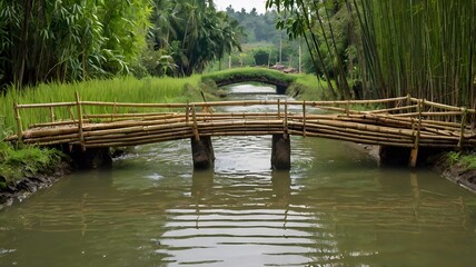Bamboo bridge over a narrow canal or rice field — local transport setting, surrounded by greenery 3