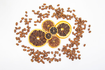 dried orange slices with bold coloration, paired with roasted coffee beans on a white surface. Excellent for food photography, wellness products, or exotic flavor promotions.