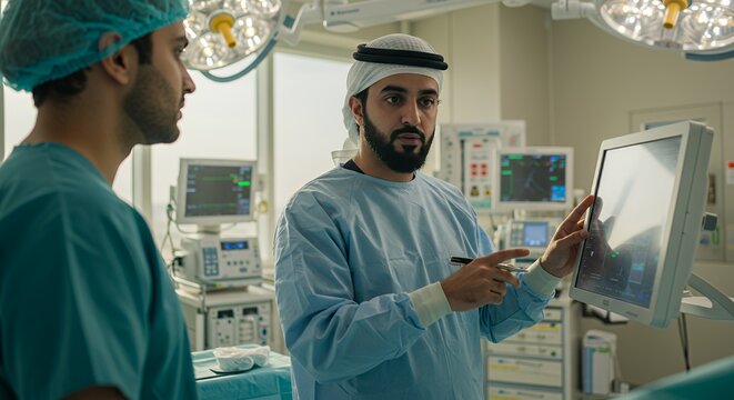 Two surgeons in scrubs collaborate intently over a medical monitor in a modern operating room, showcasing teamwork and advanced technology.