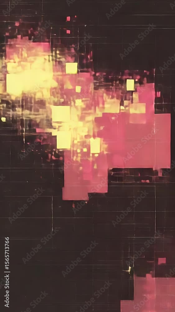 Poster abstract vertical composition with geometric shapes in warm colors against dark background. featurin