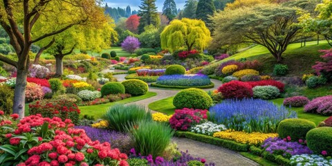 Obraz premium Whimsical garden at tilted angle view with vibrant flowers and colorful trees