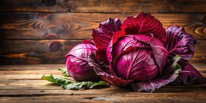 Red cabbage bunch with vibrant red leaves and crisp texture on wooden market table