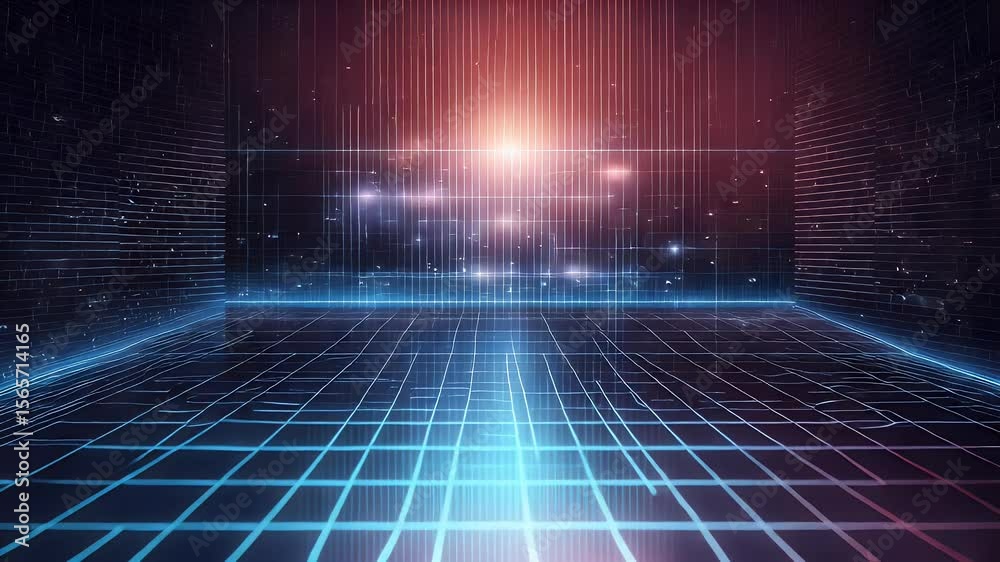 Poster abstract digital data stream in futuristic environment. blue and red grid with illuminated lines. co