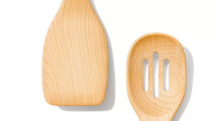 Wooden cooking utensils placed on a clean white background for culinary use and kitchen decoration.