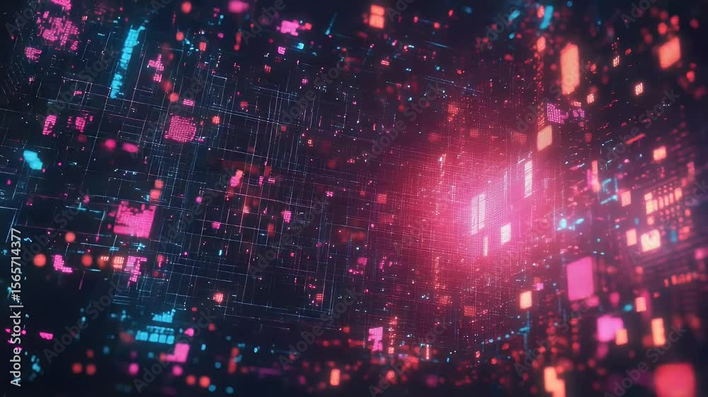Poster abstract digital data stream with glowing particles against a dark background featuring red blue and