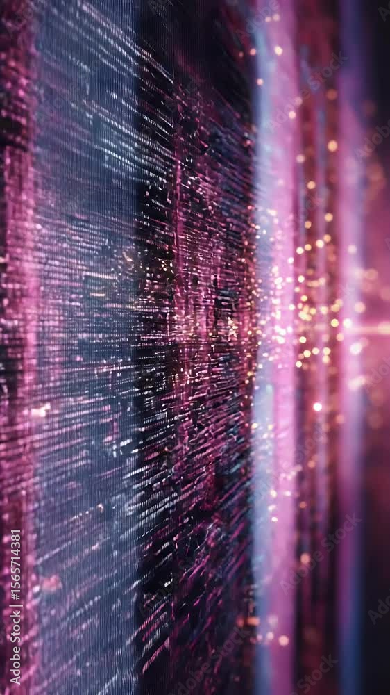 Poster abstract digital data streams with vibrant pink and purple hues moving in vertical lines creating a 