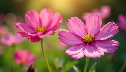 Obraz premium Cosmos flower heads in a sunlit garden setting , botany, petals, photography