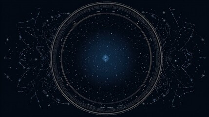 Circular astrological chart; stars in deep space, could be used for astrology illustration