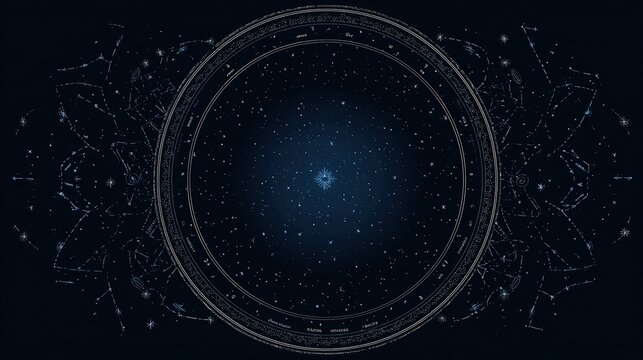 Circular astrological chart; stars in deep space, could be used for astrology illustration