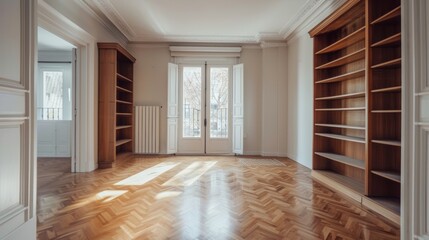 Empty Room with Wooden Flooring and Bookcases