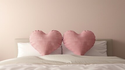 Heart Shaped Pillows on a Pink Wall Bed