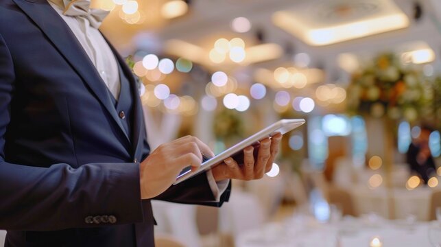 Close up hand Restaurant entrepreneur with tablet standing, Businessman Using Tablet in Restaurant