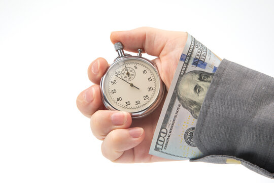 mechanical stopwatch and dollars in man hand. Part time accuracy for business. business and finance time.