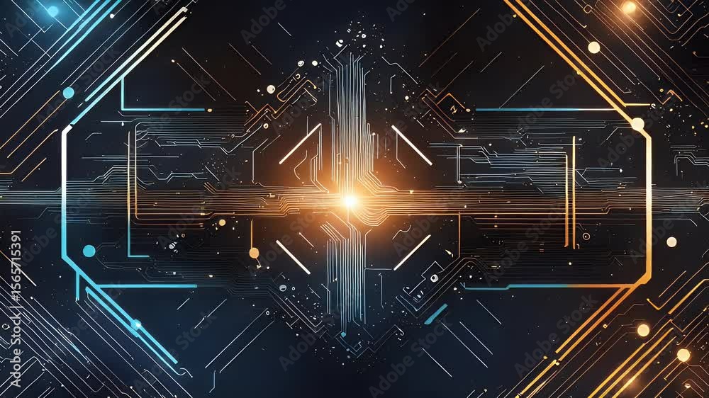Poster abstract digital data visualization with a central glowing light and interconnected lines in blue an