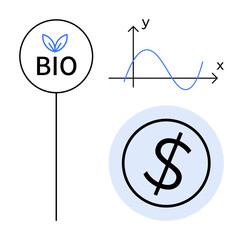 Minimalist graphic with BIO and leaf design, economic growth symbolized by dollar sign, sine graph for data analysis. Ideal for ecology, economy, biology, growth, data, analytics simple flat