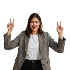 Happy Young Woman Showing Peace Sign Gesture with Both Hands on Isolated transparent background