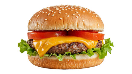 Delicious Fresh Burger with Cheese, Tomato, and Lettuce on Isolated transparent background