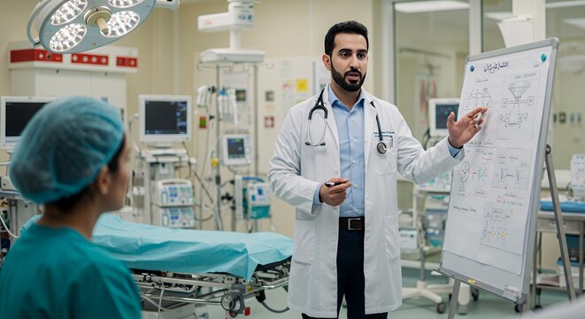 Doctor explains medical procedure to colleague in a modern hospital operating room.
