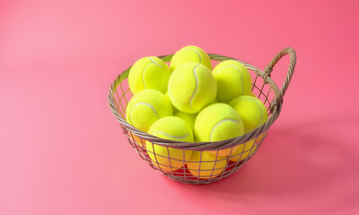Tennis balls in wire basket on pink background