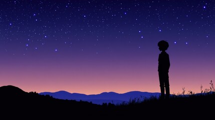 Fototapeta premium Boy Silhouette Gazing at the Starry Night Sky Over Majestic Mountains