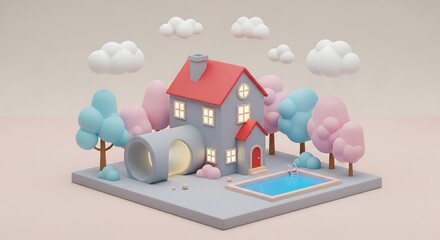 Fototapeta premium Cute 3D rendering of a house with a tunnel entrance, a pool, and stylized trees and clouds. Soft colors and a playful design create a whimsical scene.