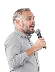 Engaged Man Speaking into a Microphone During a Public Speech on Isolated transparent background