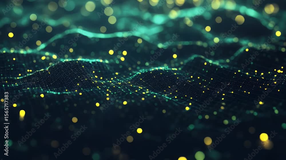 Poster abstract digital landscape with glowing particles in blue and yellow tones displaying data flow or t