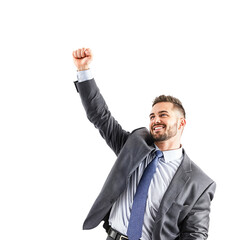 Ecstatic Business Man Raising Arm in Celebration of Victory on Isolated transparent background