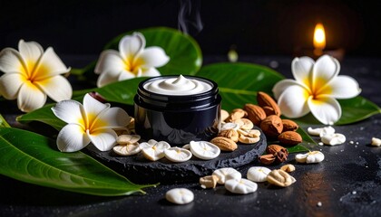 Cream jar amidst tropical flowers and almonds