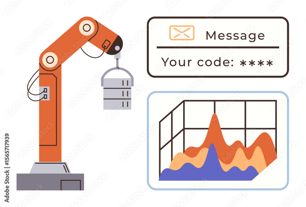 Poster robotic arm holding server, secure code message, and graph indicating data analysis. ideal for autom