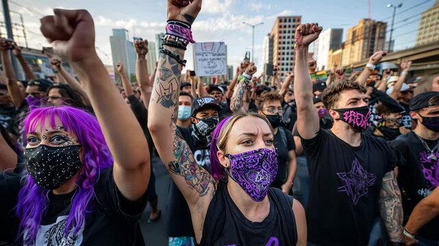 Crowd of protesters protesting on a city street