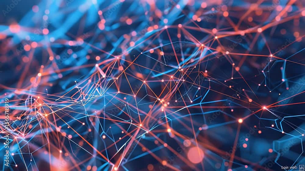 Poster abstract network with interconnected lines and glowing nodes in blue and orange colors representing 