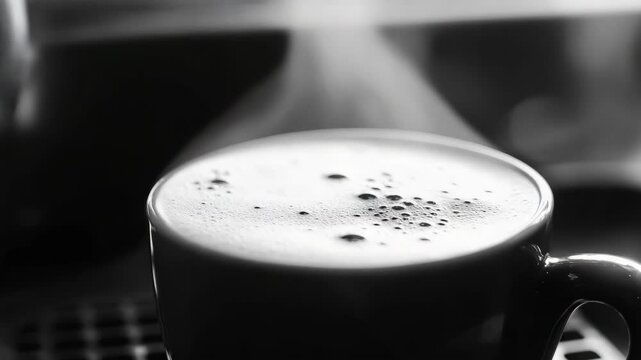 Hand pouring hot beverage into coffee cup. Coffee foam floating on top of the liquid.