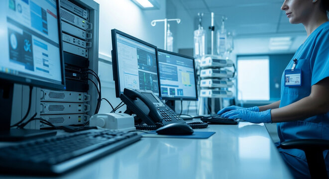 Medical professional working on computer systems in a modern hospital or healthcare facility.