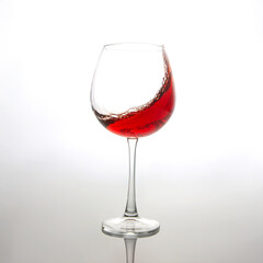 A dramatic splash of red wine captured mid-air, swirling inside a clear wine glass against a soft...
