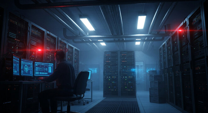 It Support Cybersecurity expert working in a server room at night