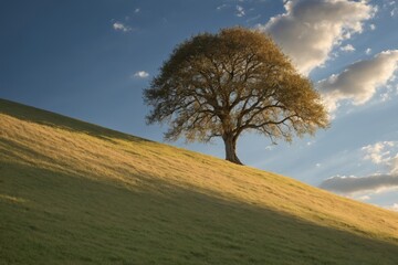 Lonely Tree on Sunny Hillside with Dramatic Sky and Sloping Field