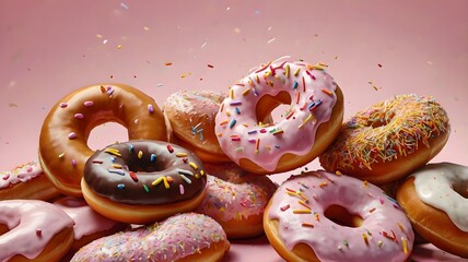 Pink donut splash on a beautiful light gradient background. sound and sweet background visuals.	