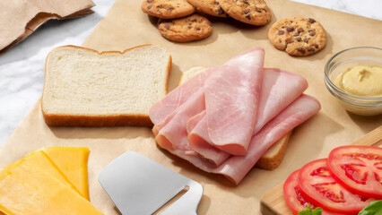 Delicious sandwich preparation with fresh ingredients and homemade cookies on a kitchen counter.