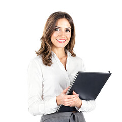 Professional young woman holding a folder, smiling confidently at the camera on an isolated transparent background.