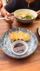 Crispy fried dumplings Gyoza with vegetables and sauce. Asian food.