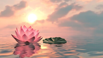At sunrise, a pink lotus flower delicately floats on the water's surface