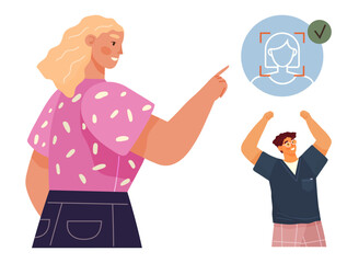 Woman pointing at verified face scan icon with man cheering in excitement. Ideal for technology, security, identity, biometrics, innovation, teamwork, approval. A simple flat metaphor