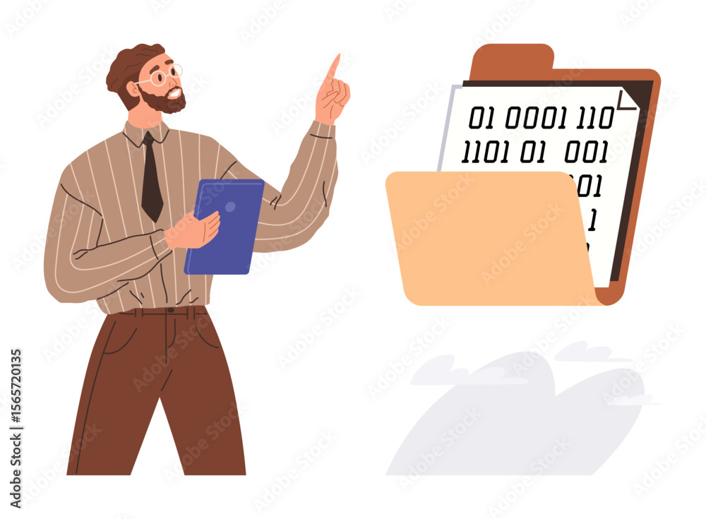 Poster businessman in striped shirt holding a clipboard and gesturing towards a file folder containing bina