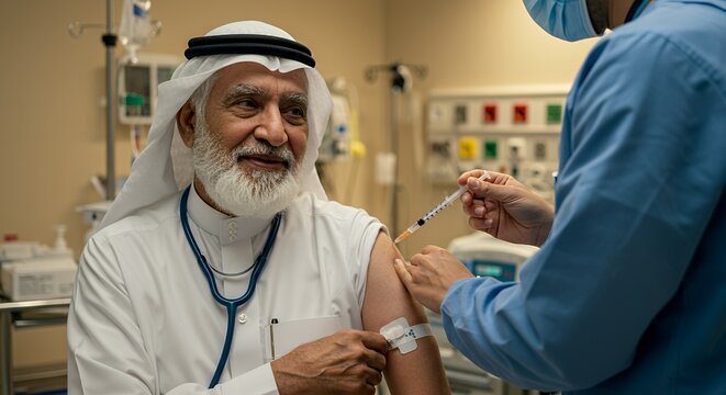 Elderly Man Receives Vaccination in Hospital Setting, Showing Trust and Hope for Health.
