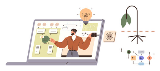 Person presenting sustainable innovation on a laptop, featuring a lightbulb, plug, leaf, and diagram of processes. Ideal for innovation, sustainability, eco-energy, education renewable energy clean