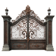 Ornate metal ironwork entrance gate with stone pillars and lamps design isolated on transprint background