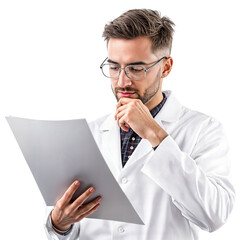 Serious male scientist or doctor examining documents with a concentrated expression on an isolated transparent background.
