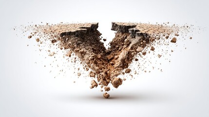 A cracked earth surface explodes outward, fragments of brown dirt and stone radiating from a gaping fissure